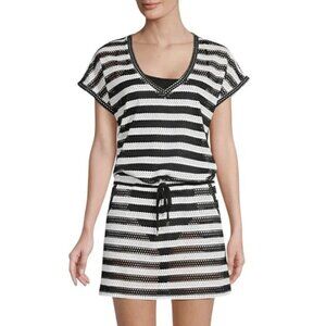 Calvin Klein Black White Striped Mesh Swim Cover-Up Dress Womens Small Medium